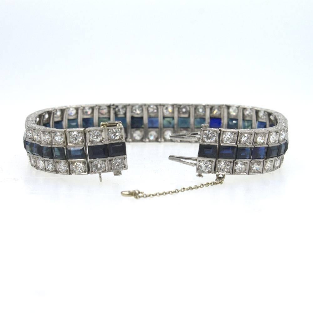 Women's Art Deco Three-Row Natural Sapphire Diamond Platinum Line Bracelet