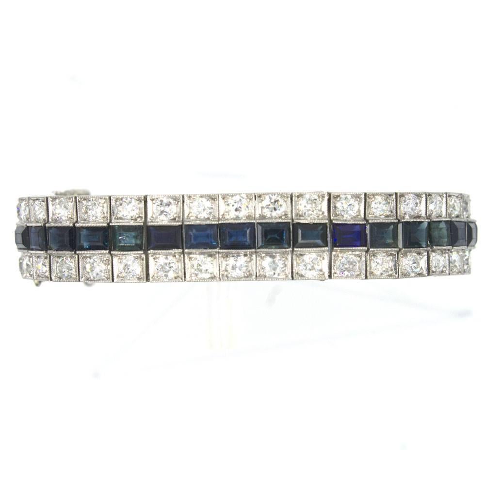 Art Deco Three-Row Natural Sapphire Diamond Platinum Line Bracelet In Excellent Condition In Boca Raton, FL