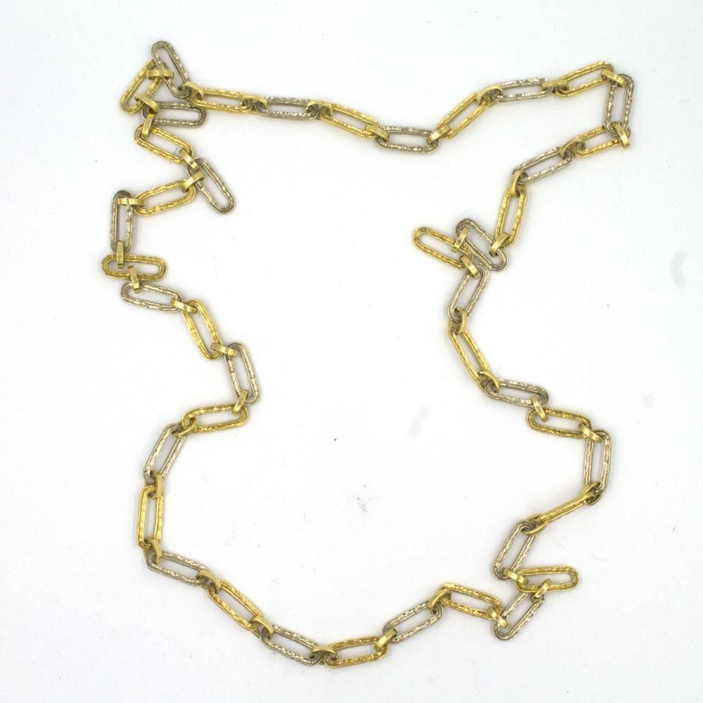 Two-Tone 18 Karat Gold Hammered Long Link Necklace In Excellent Condition In Boca Raton, FL