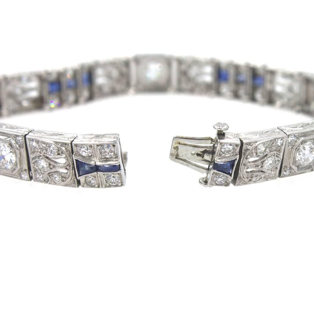 Art Deco Five Carat Diamond Sapphire Platinum Link Bracelet In Excellent Condition In Boca Raton, FL