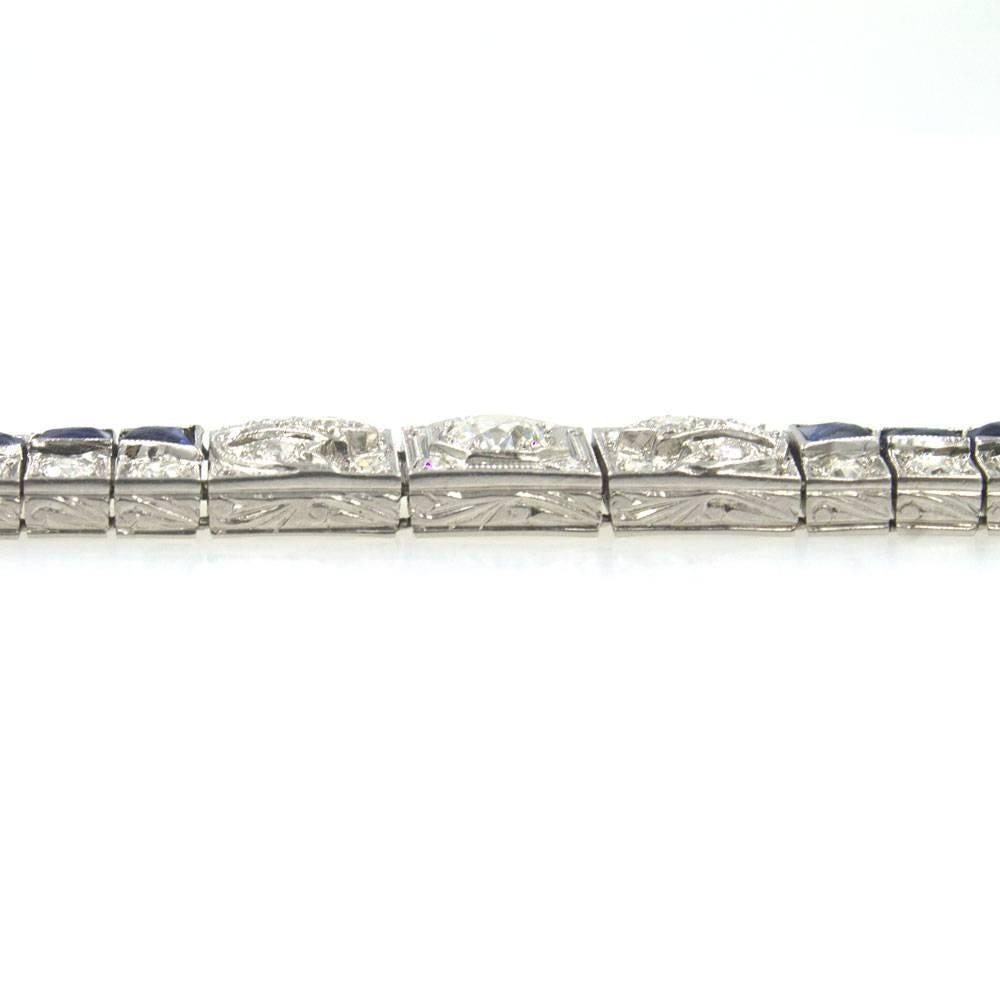 Women's Art Deco Five Carat Diamond Sapphire Platinum Link Bracelet