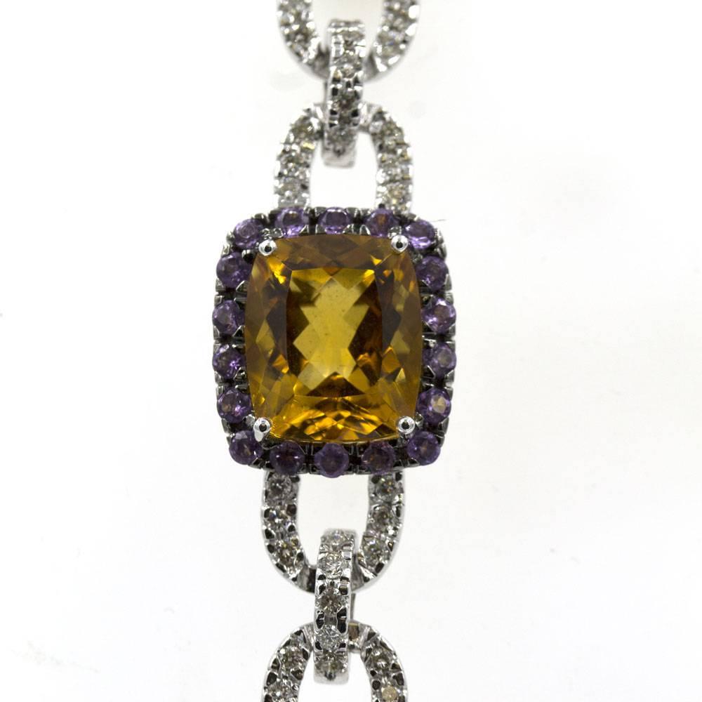 Multi-Color Gemstone Diamond Link Bracelet  In Excellent Condition In Boca Raton, FL