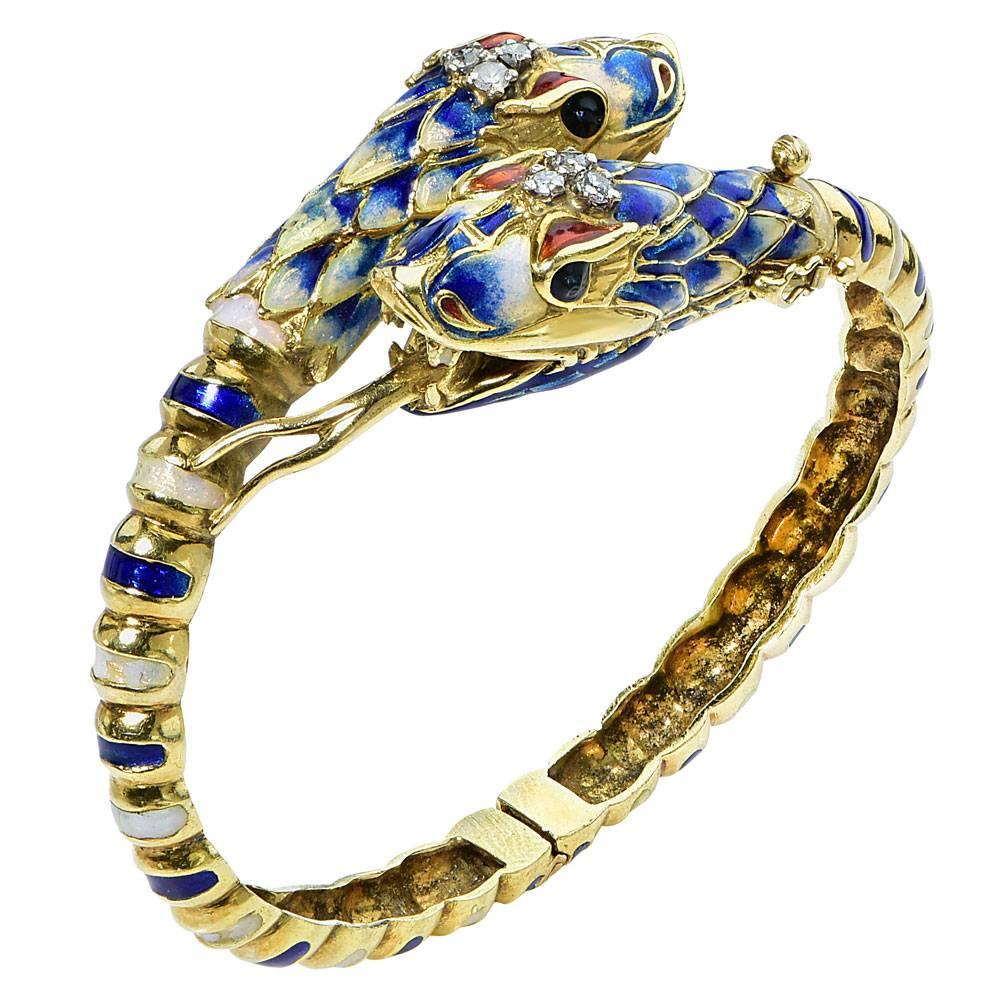 Enamel Diamond 18 Karat Yellow Gold Snake Bangle Bracelet
