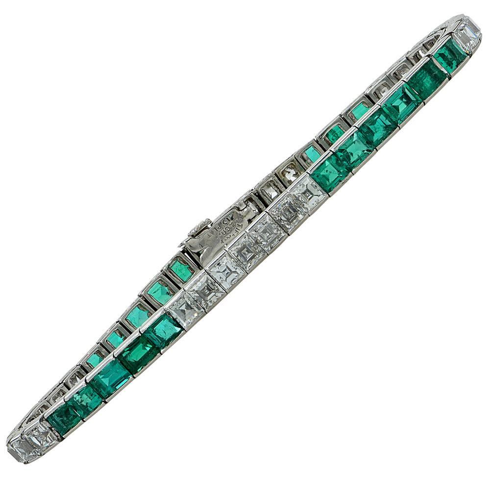 1950s Tiffany & Co. Diamond Emerald Platinum Line Bracelet