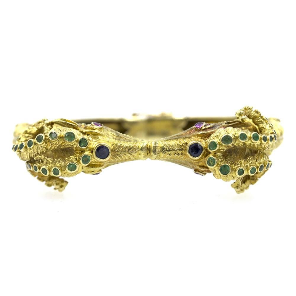 Lalaounis Ram Head Bangle Bracelet Emerald Sapphire Ruby 18K Yellow Gold 1
