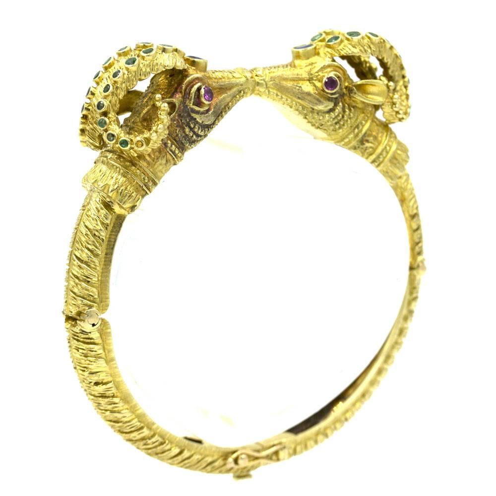 Classical Greek Lalaounis Ram Head Bangle Bracelet Emerald Sapphire Ruby 18K Yellow Gold