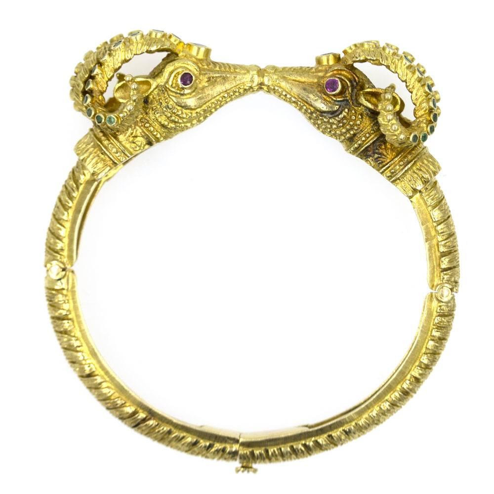 Lalaounis Ram Head Bangle Bracelet Emerald Sapphire Ruby 18K Yellow Gold