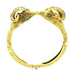 Lalaounis Ram Head Bangle Bracelet Emerald Sapphire Ruby 18K Yellow Gold