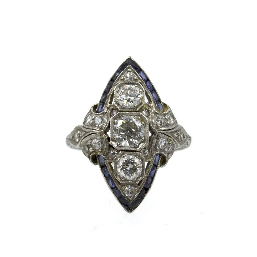 Art Deco Diamond Sapphire Platinum Cocktail Ring 1