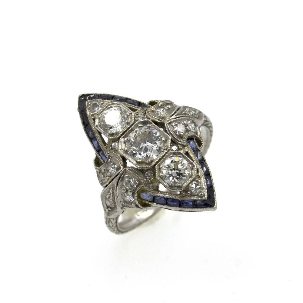 Women's Art Deco Diamond Sapphire Platinum Cocktail Ring