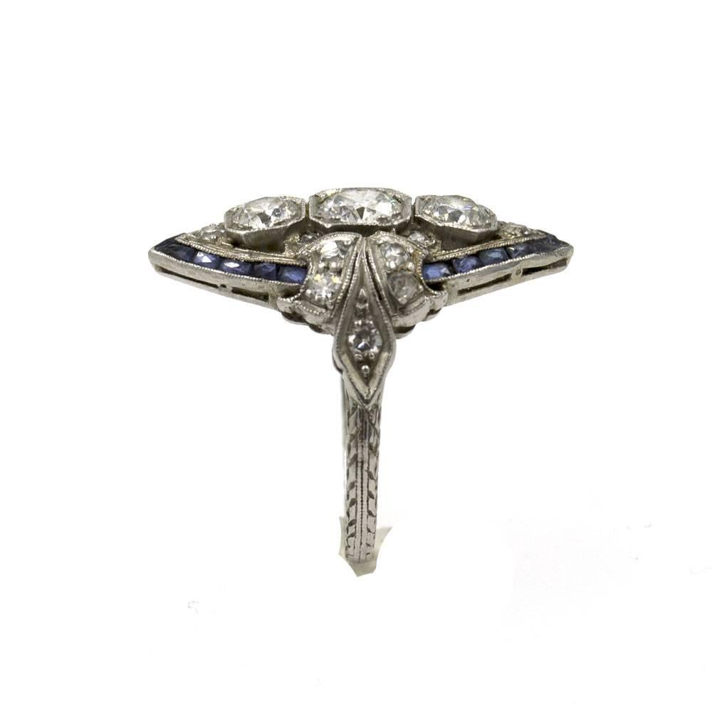 Art Deco Diamond Sapphire Platinum Cocktail Ring In Excellent Condition In Boca Raton, FL