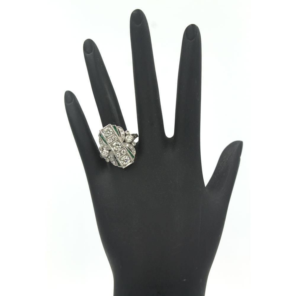 Women's Art Deco Diamond Emerald Platinum Cocktail Ring 