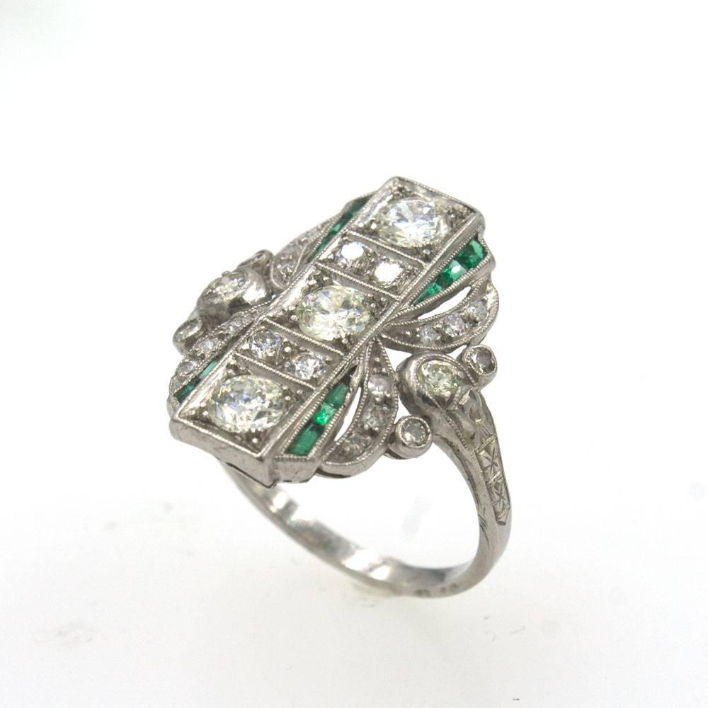 Art Deco Diamond Emerald Platinum Cocktail Ring  In Excellent Condition In Boca Raton, FL