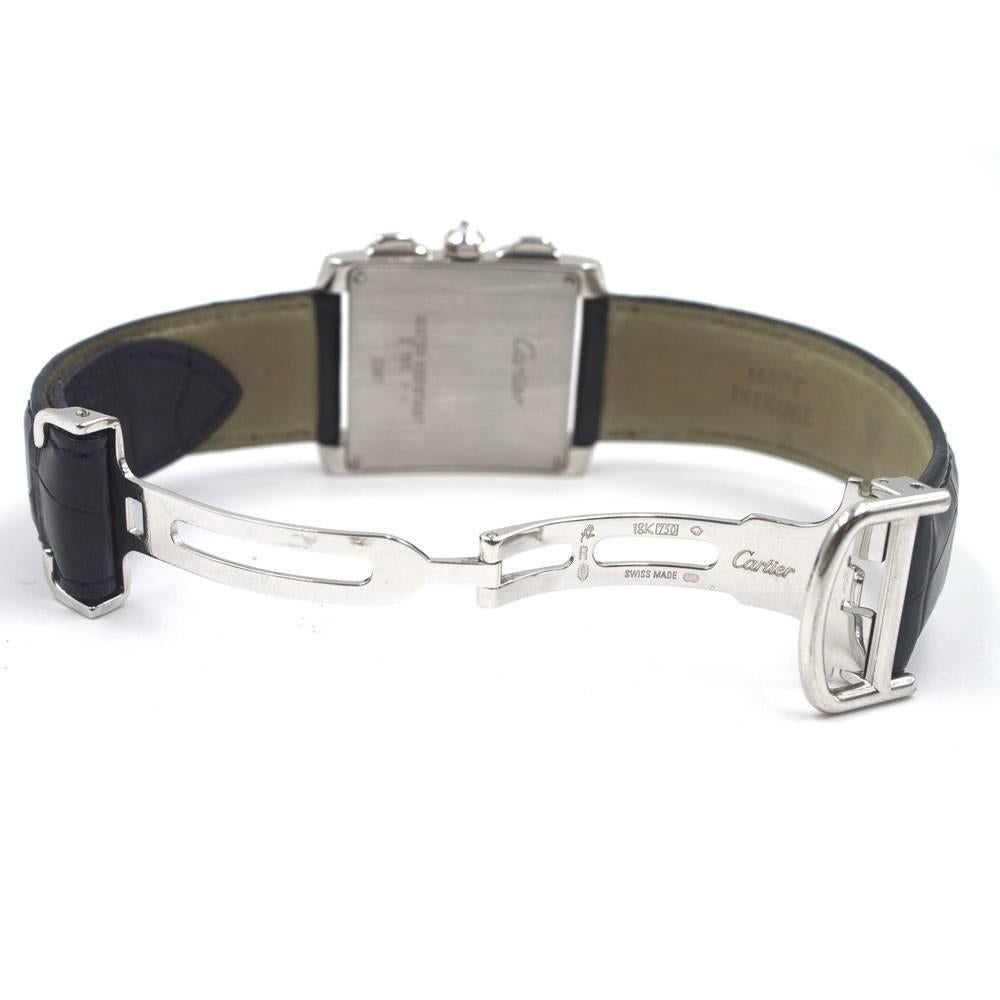 Cartier: 18 Karat Weißgold Schwarzer Band mit Tank Francaise Chronoflex-Diamanten und Diamanten im Zustand „Hervorragend“ in Boca Raton, FL