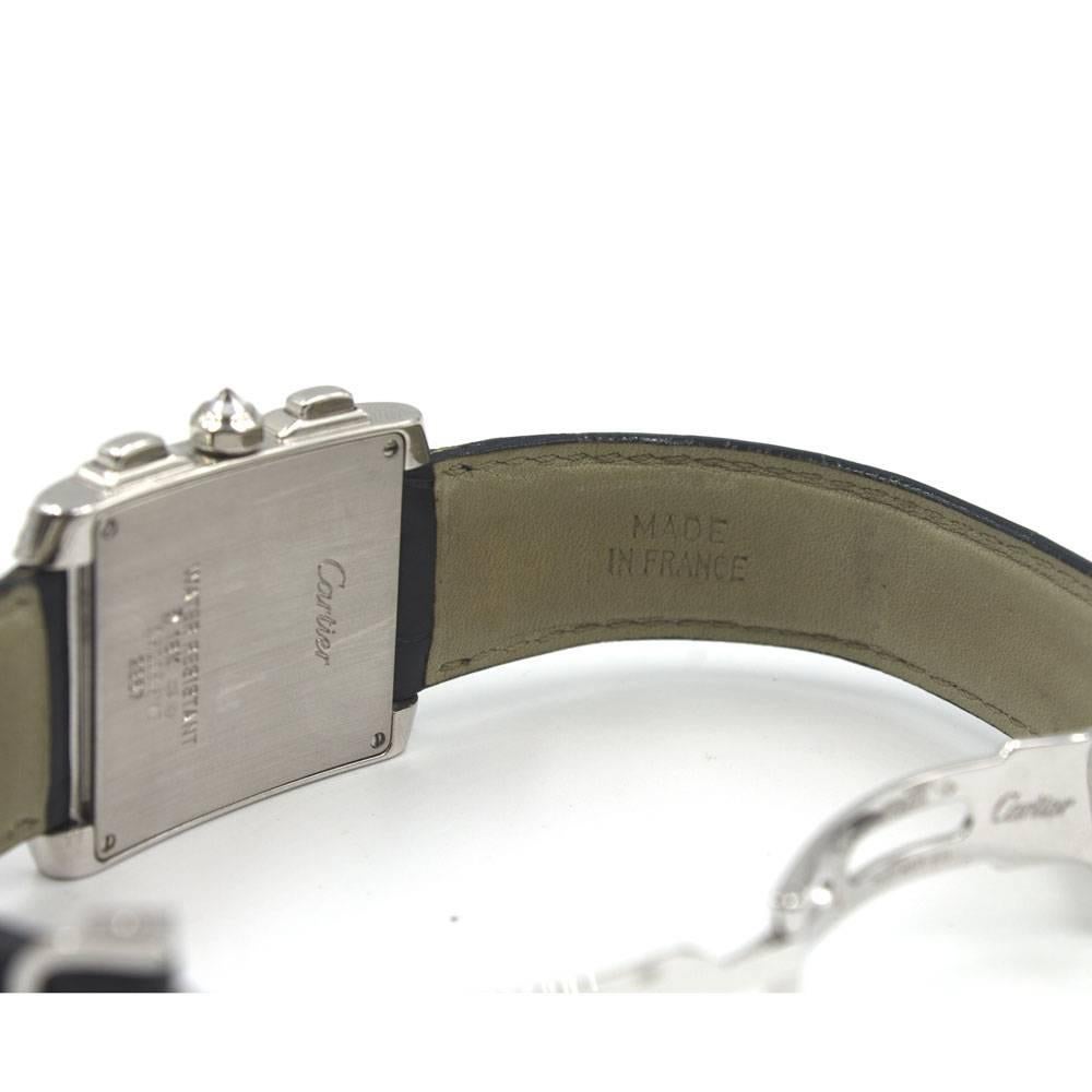 Cartier: 18 Karat Weißgold Schwarzer Band mit Tank Francaise Chronoflex-Diamanten und Diamanten Damen