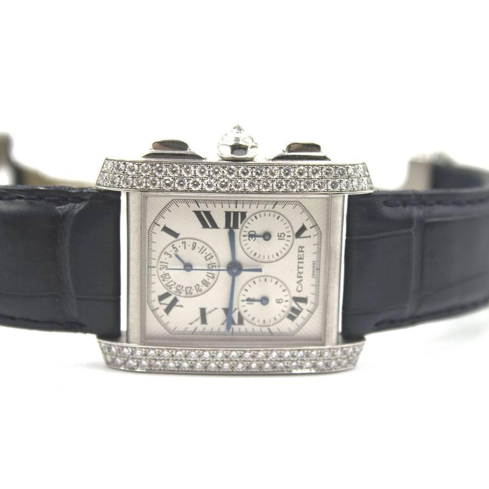 Cartier: 18 Karat Weißgold Schwarzer Band mit Tank Francaise Chronoflex-Diamanten und Diamanten (Moderne)