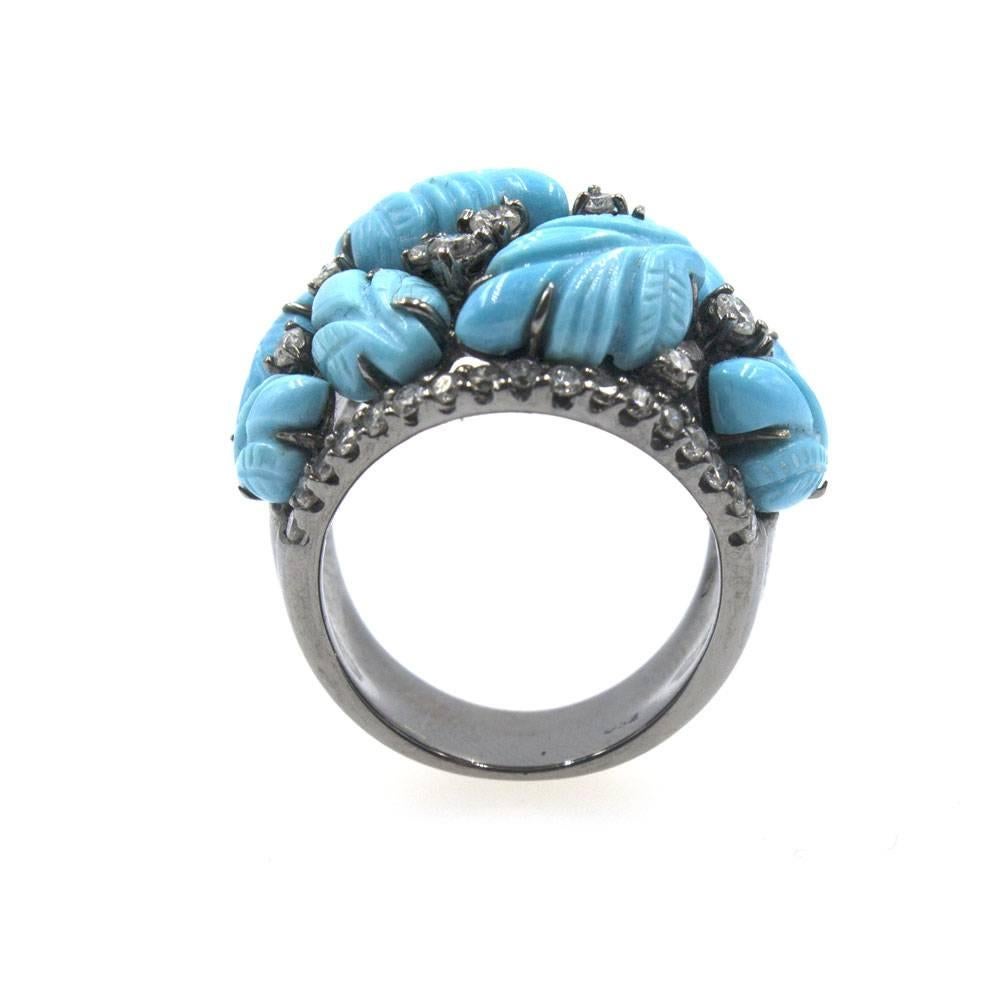 Modern Carved Turquoise Diamond 18 Karat White Gold Fashion Ring