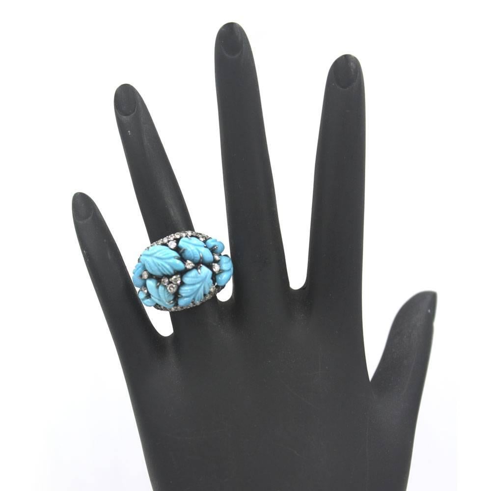 Carved Turquoise Diamond 18 Karat White Gold Fashion Ring 2