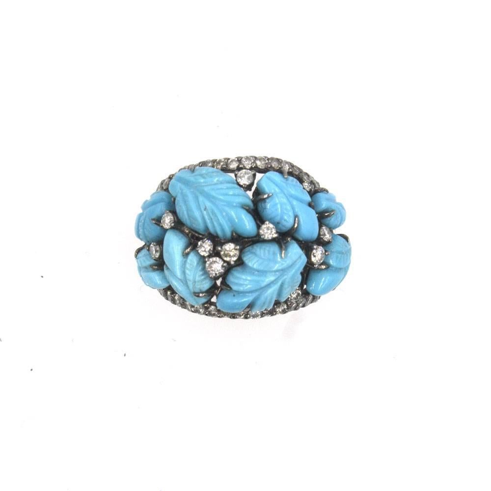 Carved Turquoise Diamond 18 Karat White Gold Fashion Ring 1