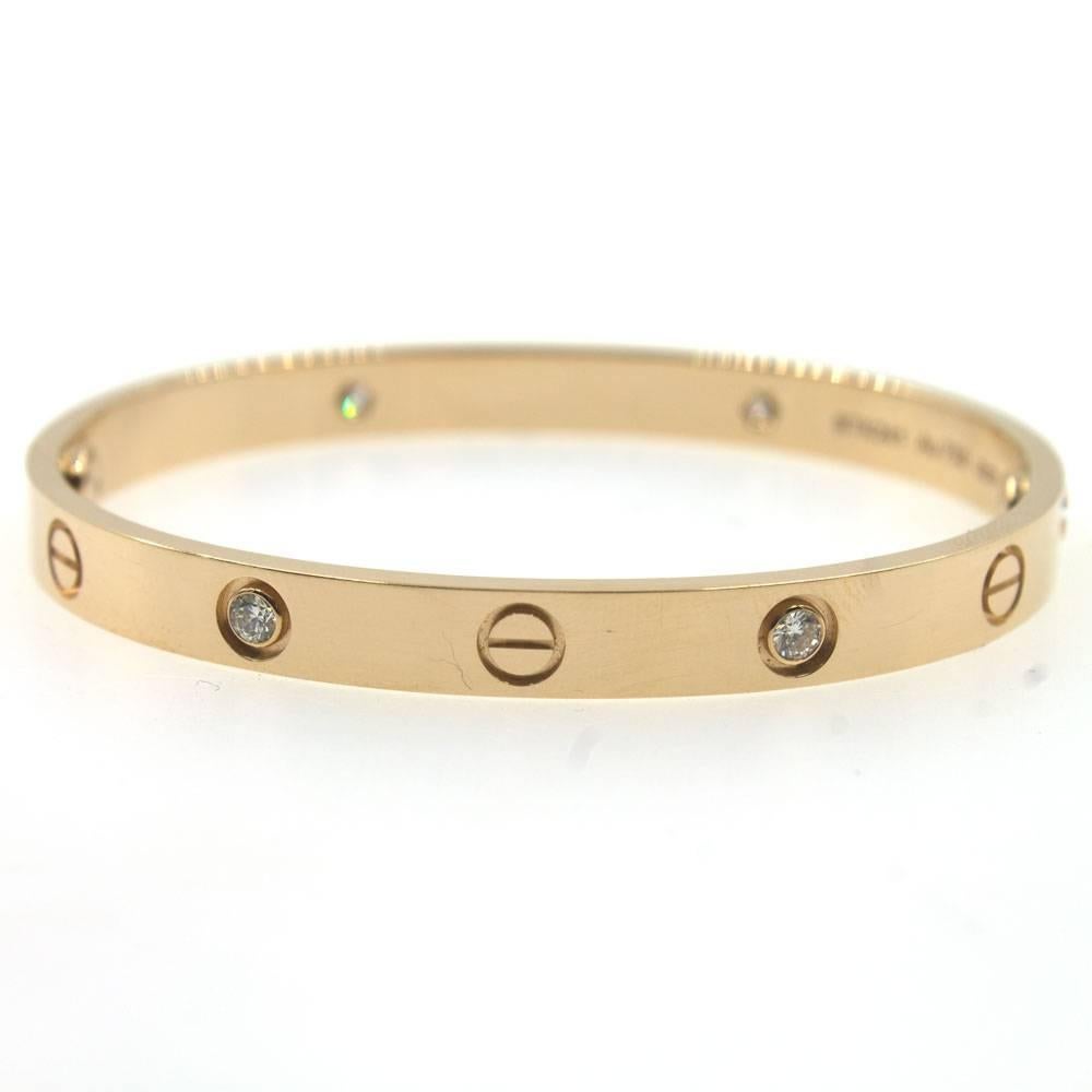 Modern Cartier Love Bangle Bracelet Four Diamond Rose Gold Size 17