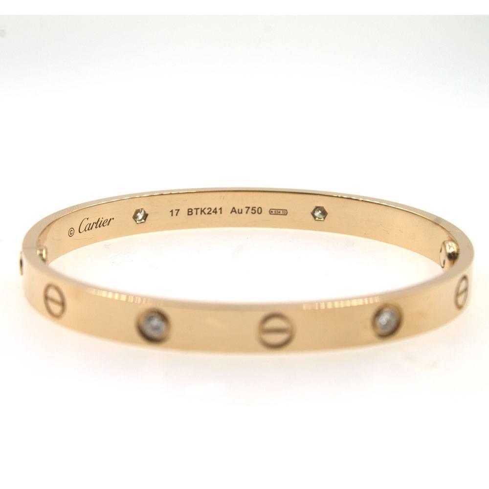 Cartier Love Bangle Bracelet Four Diamond Rose Gold Size 17 For Sale At cartier-love-bangle-bracelet-four-diamond-rose-gold-size-17-for-sale-at