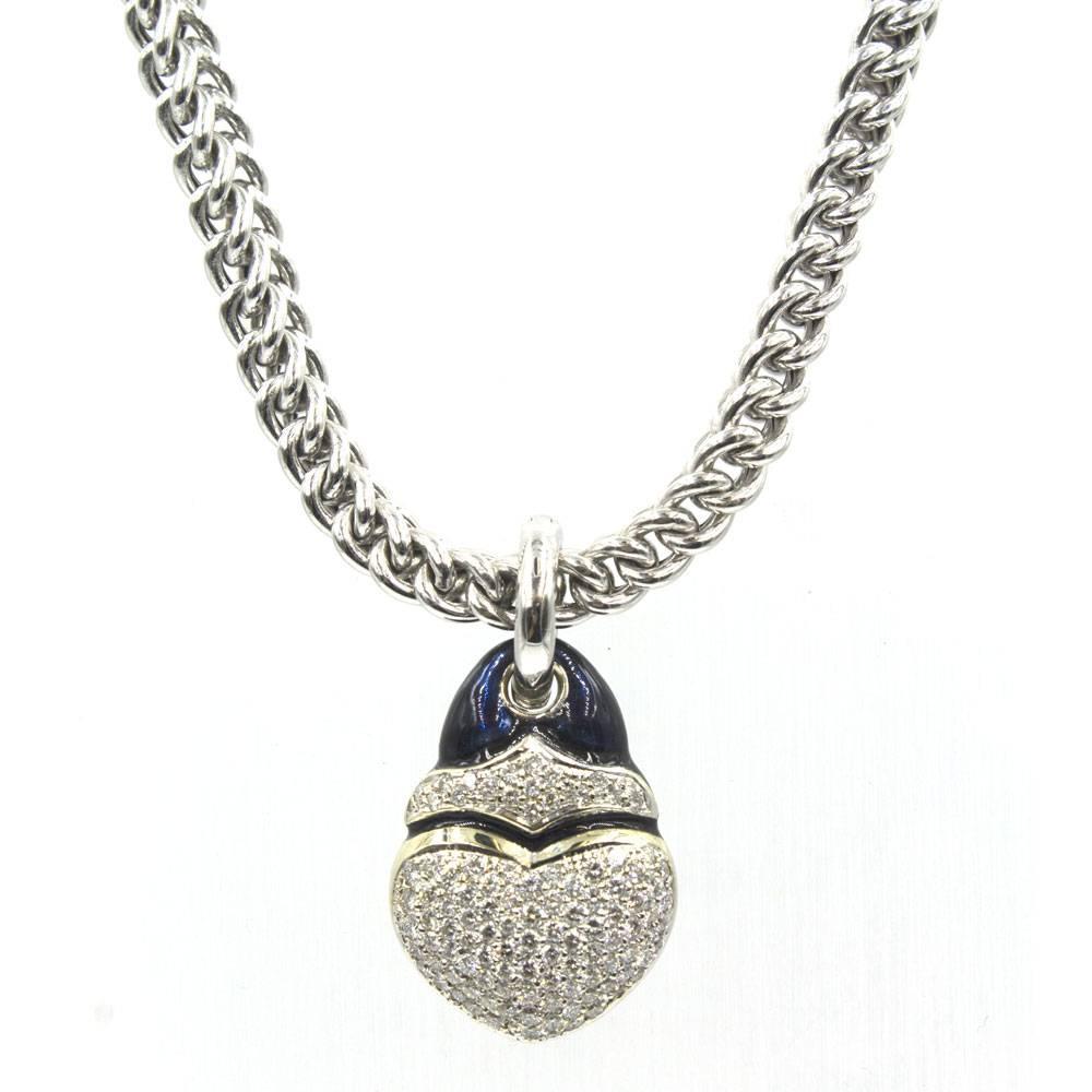 Modern Soho Black Enamel Diamond Gold Heart Pendant Link Necklace 