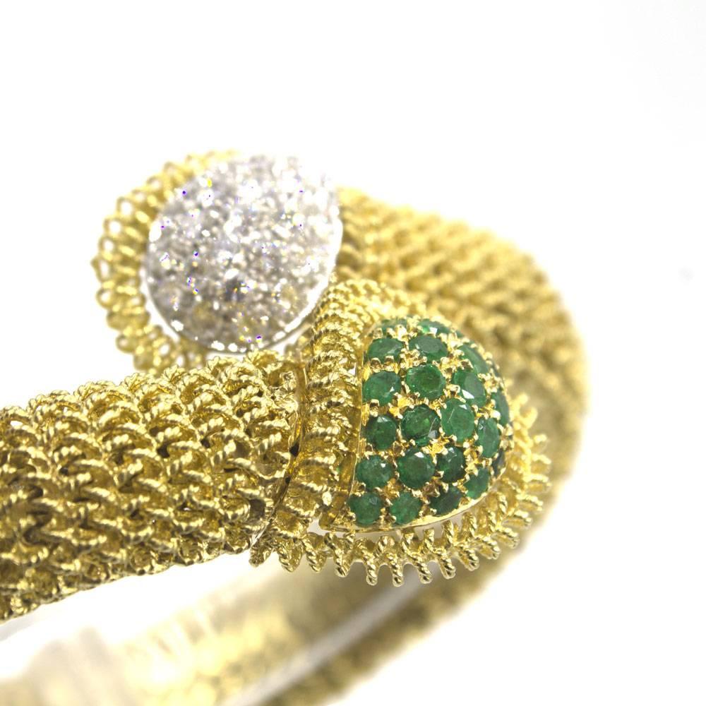 Emerald Diamond Gold Flexible Bypass Bracelet  In Excellent Condition In Boca Raton, FL