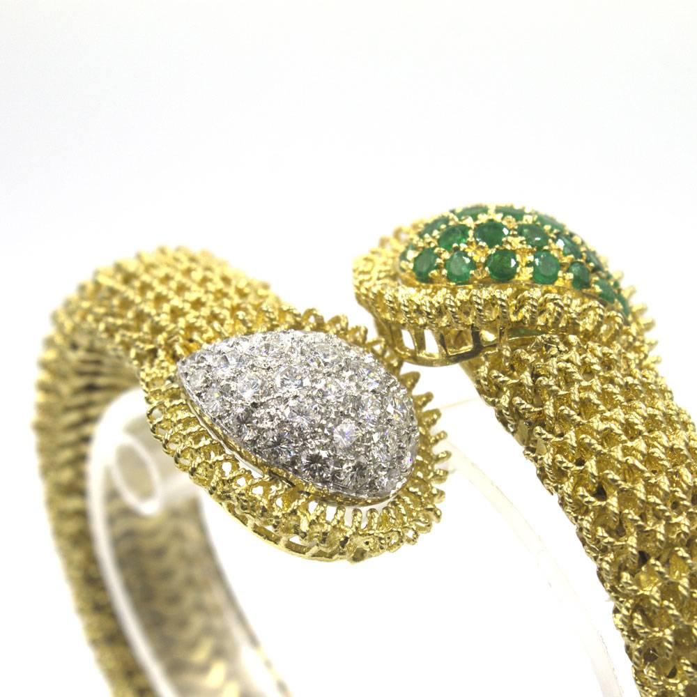 Modern Emerald Diamond Gold Flexible Bypass Bracelet 