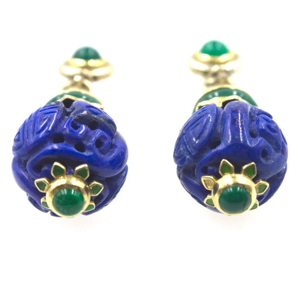 Vintage Carved Lapis Jade 18 Karat Yellow Gold Drop Earrings In Excellent Condition In Boca Raton, FL