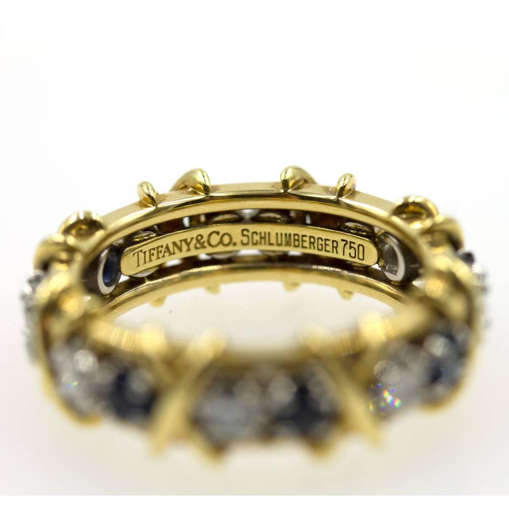 Tiffany & Co. Schlumberger Sapphire Diamond 18K Yellow Gold X Eternity Band Ring In Excellent Condition In Boca Raton, FL