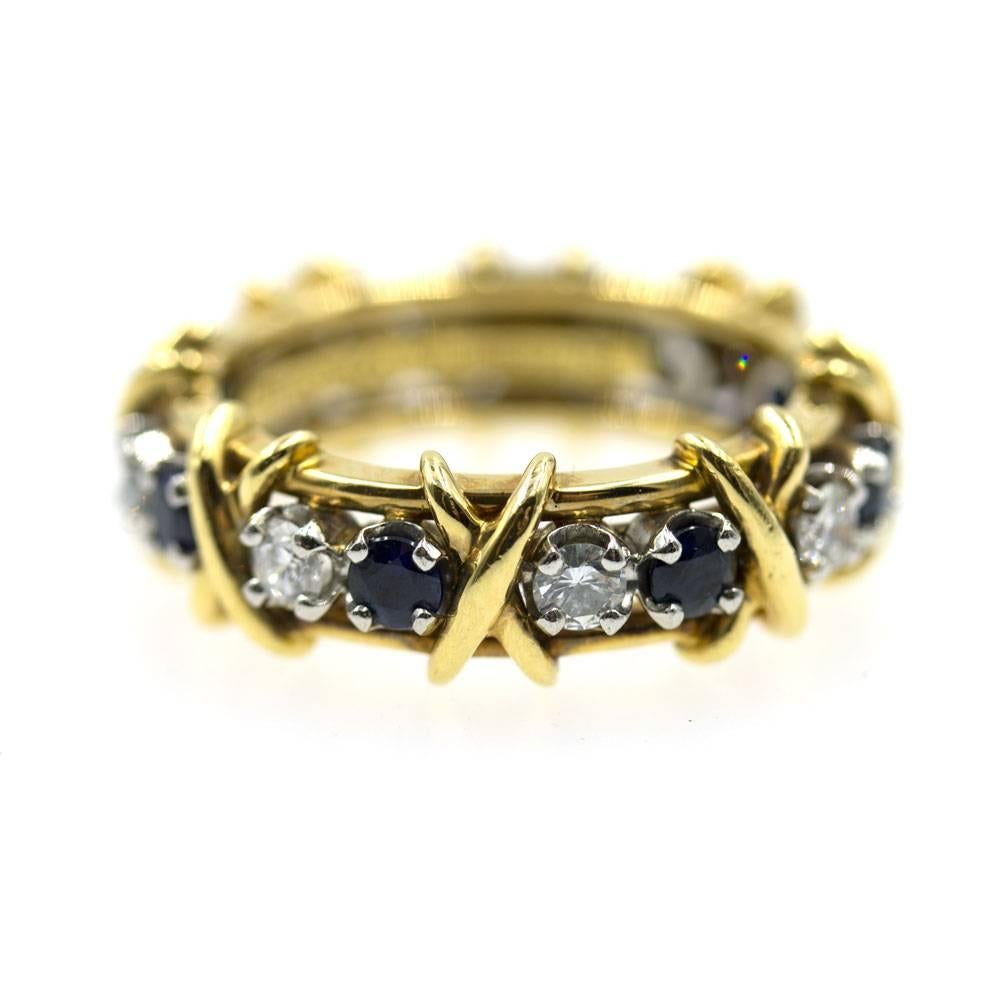 Modern Tiffany & Co. Schlumberger Sapphire Diamond 18K Yellow Gold X Eternity Band Ring