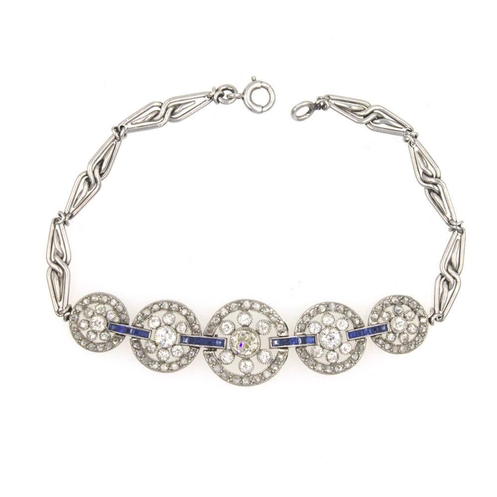 Original Art Deco Diamond Sapphire Platinum Circle Link Bracelet In Good Condition In Boca Raton, FL