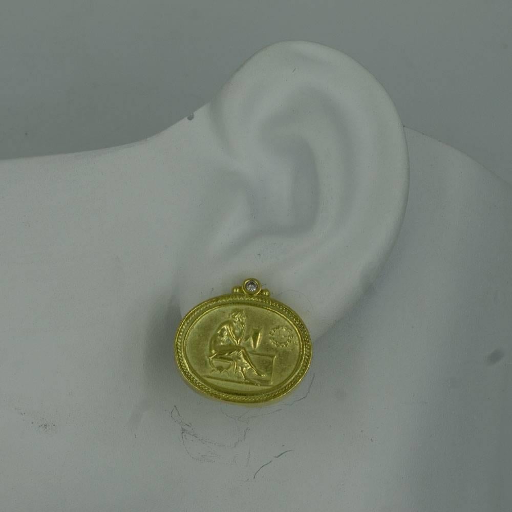 Classical Greek SeidenGang Diamond Gold Athena Carved Earrings