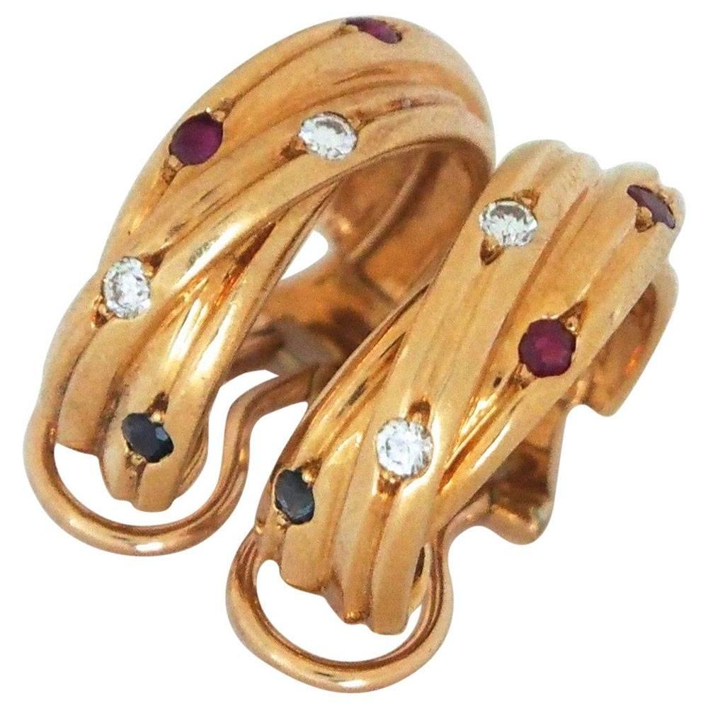 Women's Cartier Trinity Ruby Sapphire Diamond Gold Hoop Earrings  