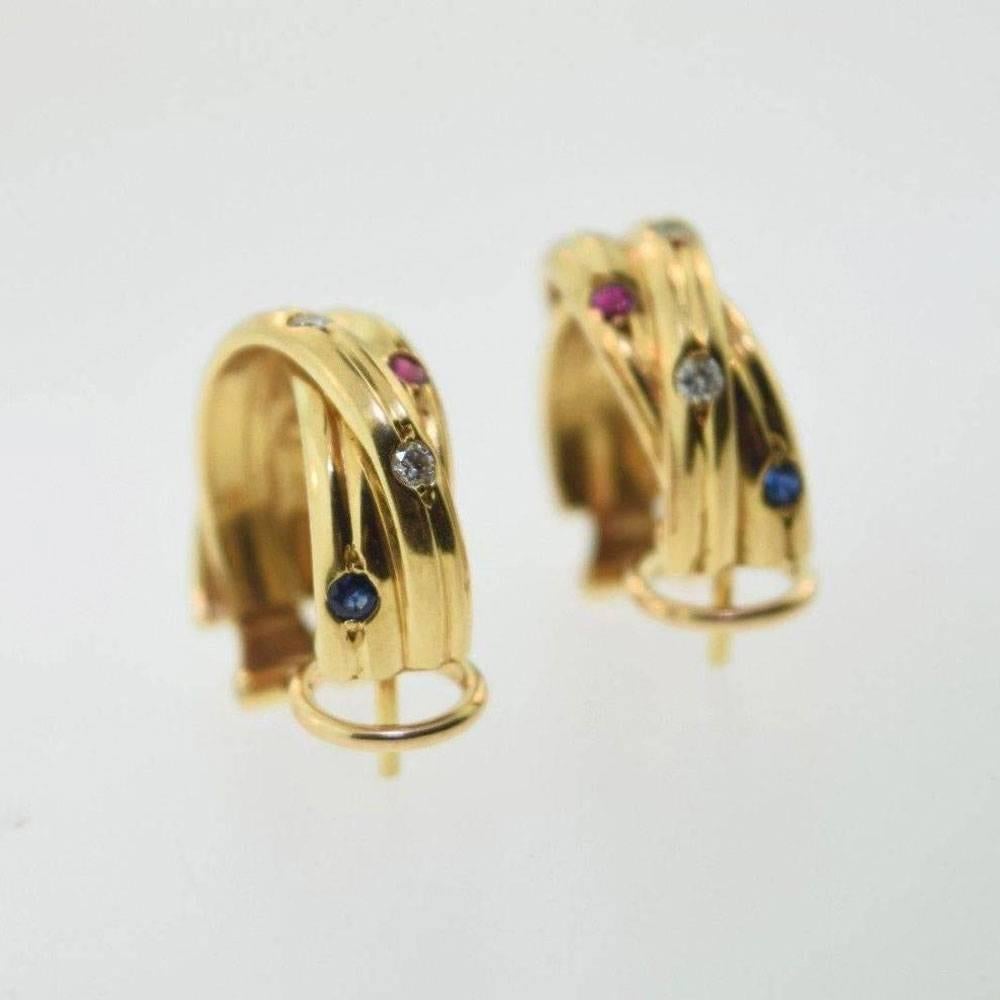 Cartier Trinity Ruby Sapphire Diamond Gold Hoop Earrings   In Excellent Condition In Boca Raton, FL