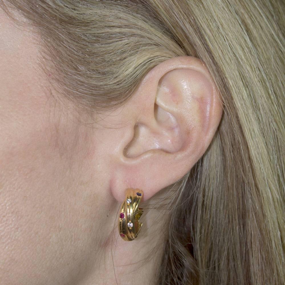 Cartier Trinity Ruby Sapphire Diamond Gold Hoop Earrings   1