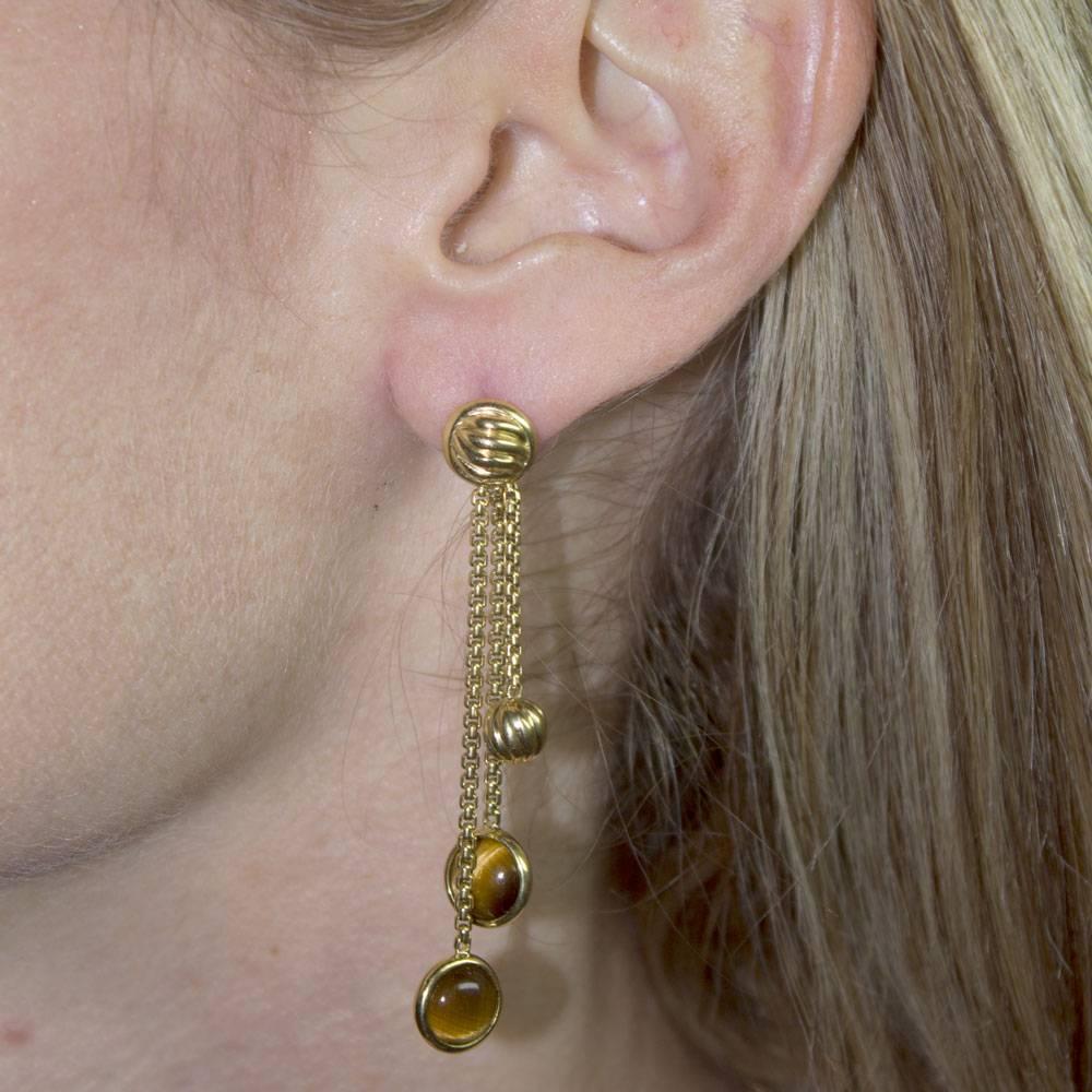 David Yurman Tiger's Eye 18 Karat Yellow Gold Dangle Earrings In Excellent Condition In Boca Raton, FL