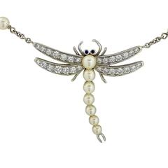Tiffany & Company Cultured White Pearl Diamond Platinum Dragonfly Necklace