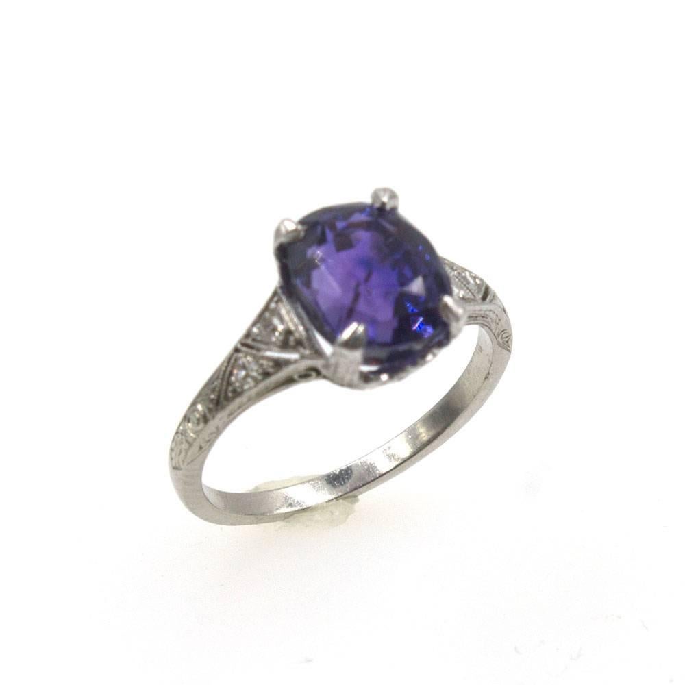 Art Deco Natural Color Change AGL Sapphire Diamond Platinum Ring 