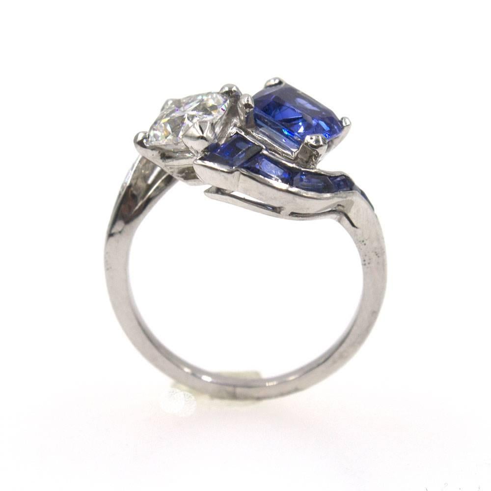 Women's Art Deco Kite Shaped Diamond Sapphire Platinum Cocktail Ring