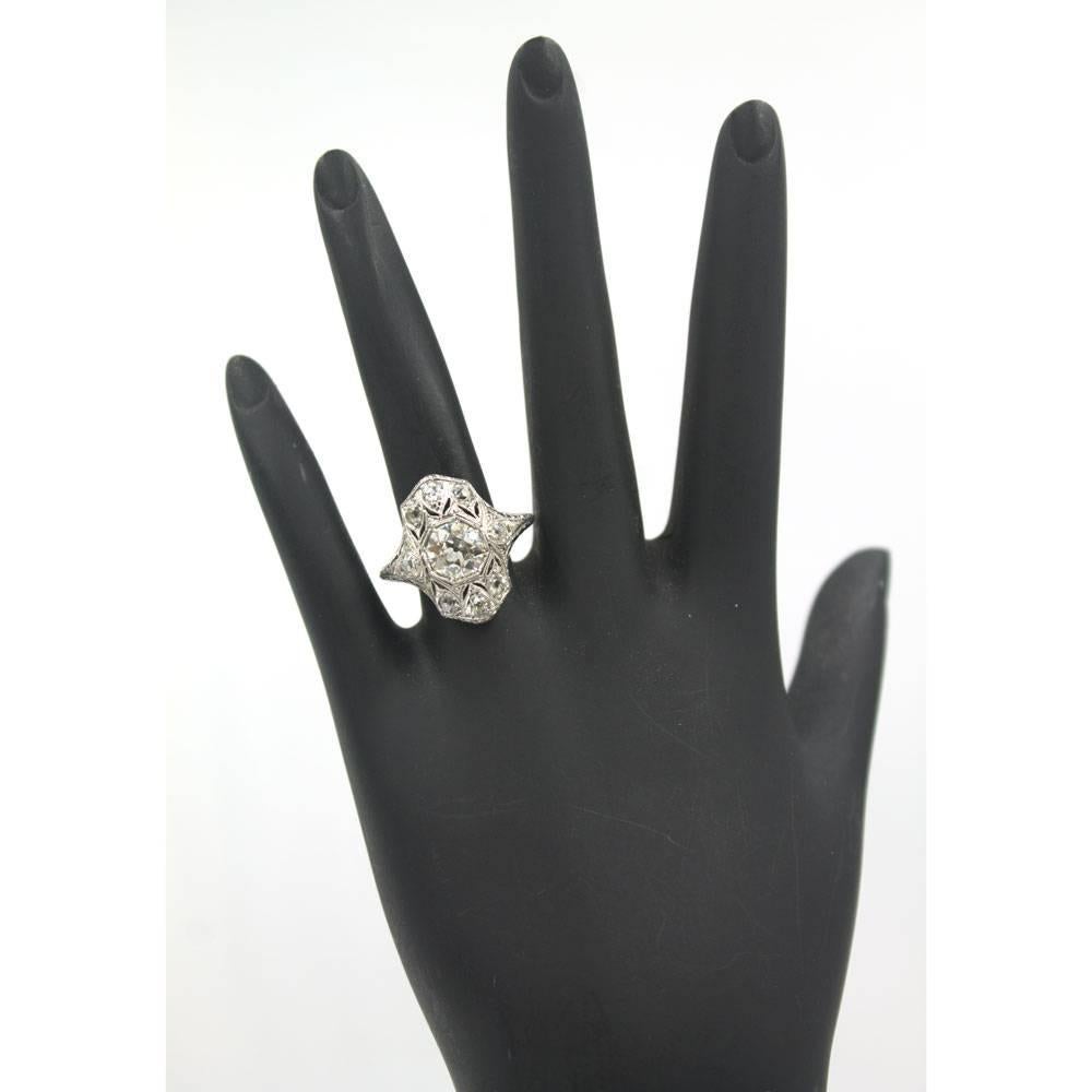 Art Deco Old European Cut Diamond Platinum Filigree Engagement Ring 1
