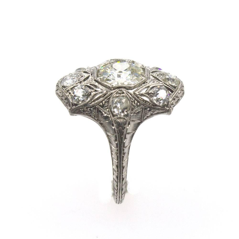 Art Deco Old European Cut Diamond Platinum Filigree Engagement Ring 2