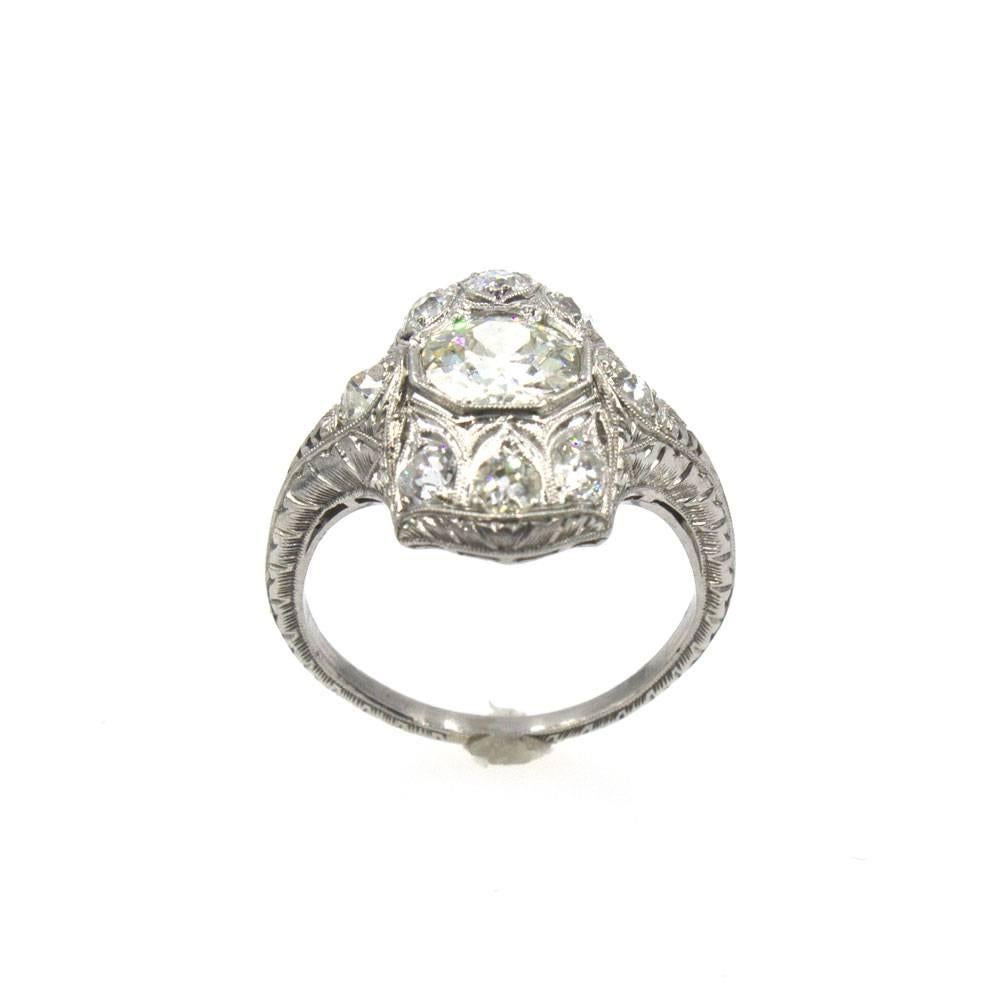 Art Deco Old European Cut Diamond Platinum Filigree Engagement Ring In Excellent Condition In Boca Raton, FL