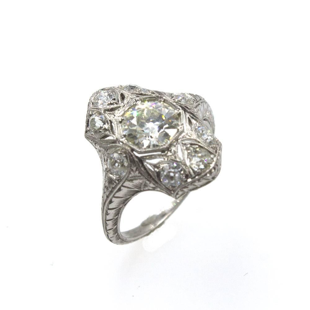 Women's Art Deco Old European Cut Diamond Platinum Filigree Engagement Ring