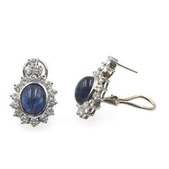 10-Carat Cabochon Blue Sapphire Diamond White Gold Fashion Earrings