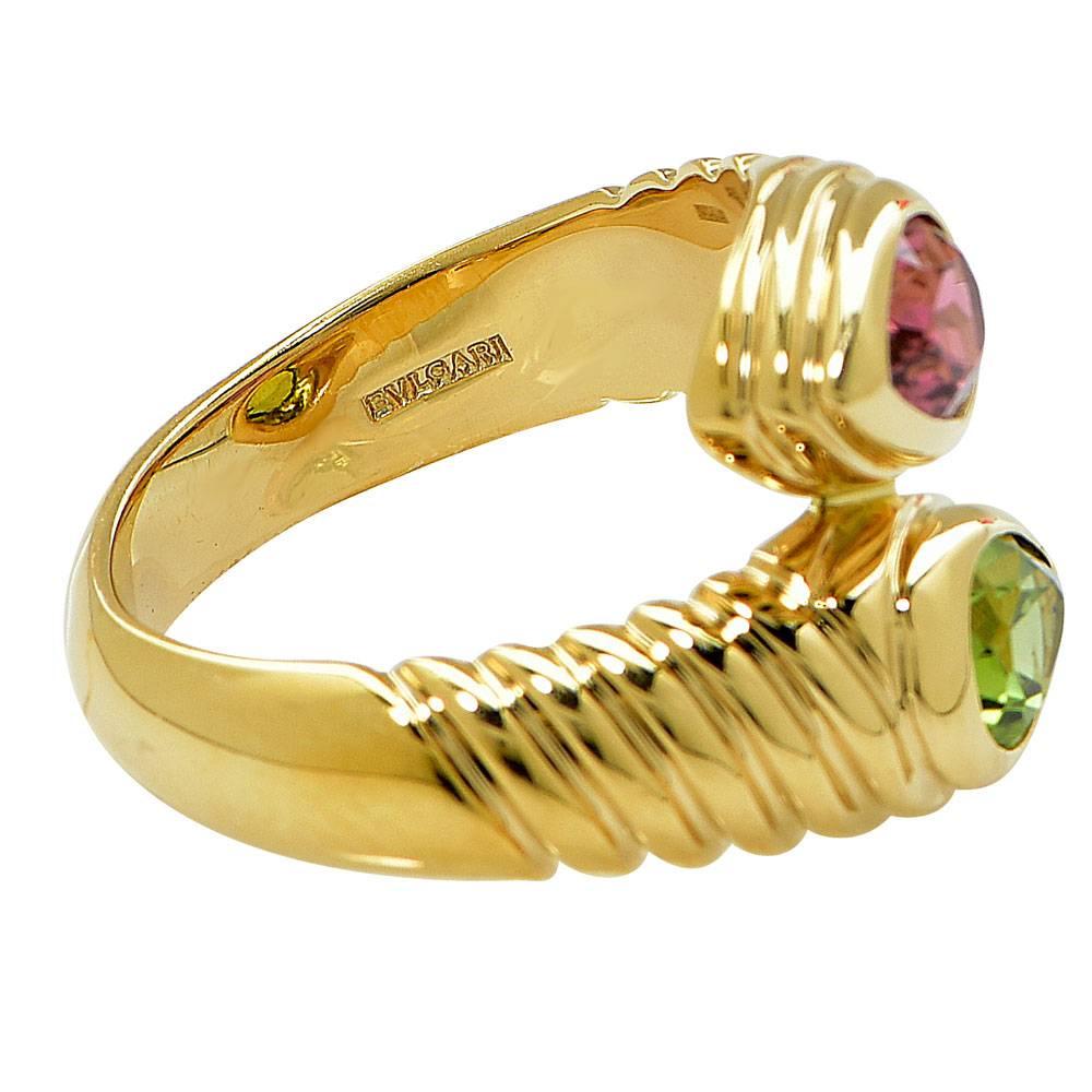 Modern Bulgari Doppio Crossover Pink Tourmaline Peridot 18 Karat Yellow Gold Ring