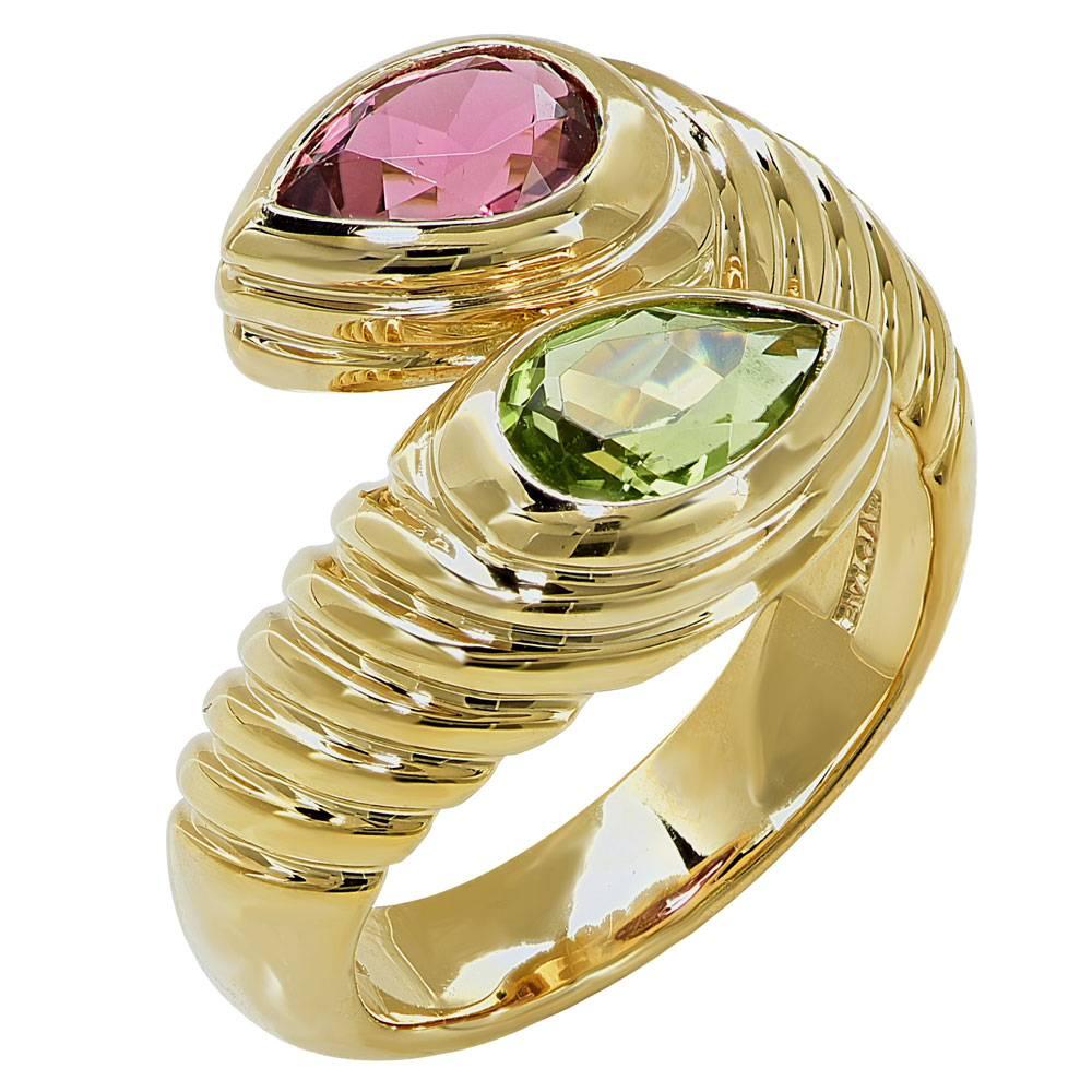 Bulgari Doppio Crossover Pink Tourmaline Peridot 18 Karat Yellow Gold Ring In Excellent Condition In Boca Raton, FL