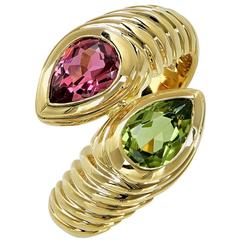 Bulgari Doppio Crossover Pink Tourmaline Peridot 18 Karat Yellow Gold Ring 10