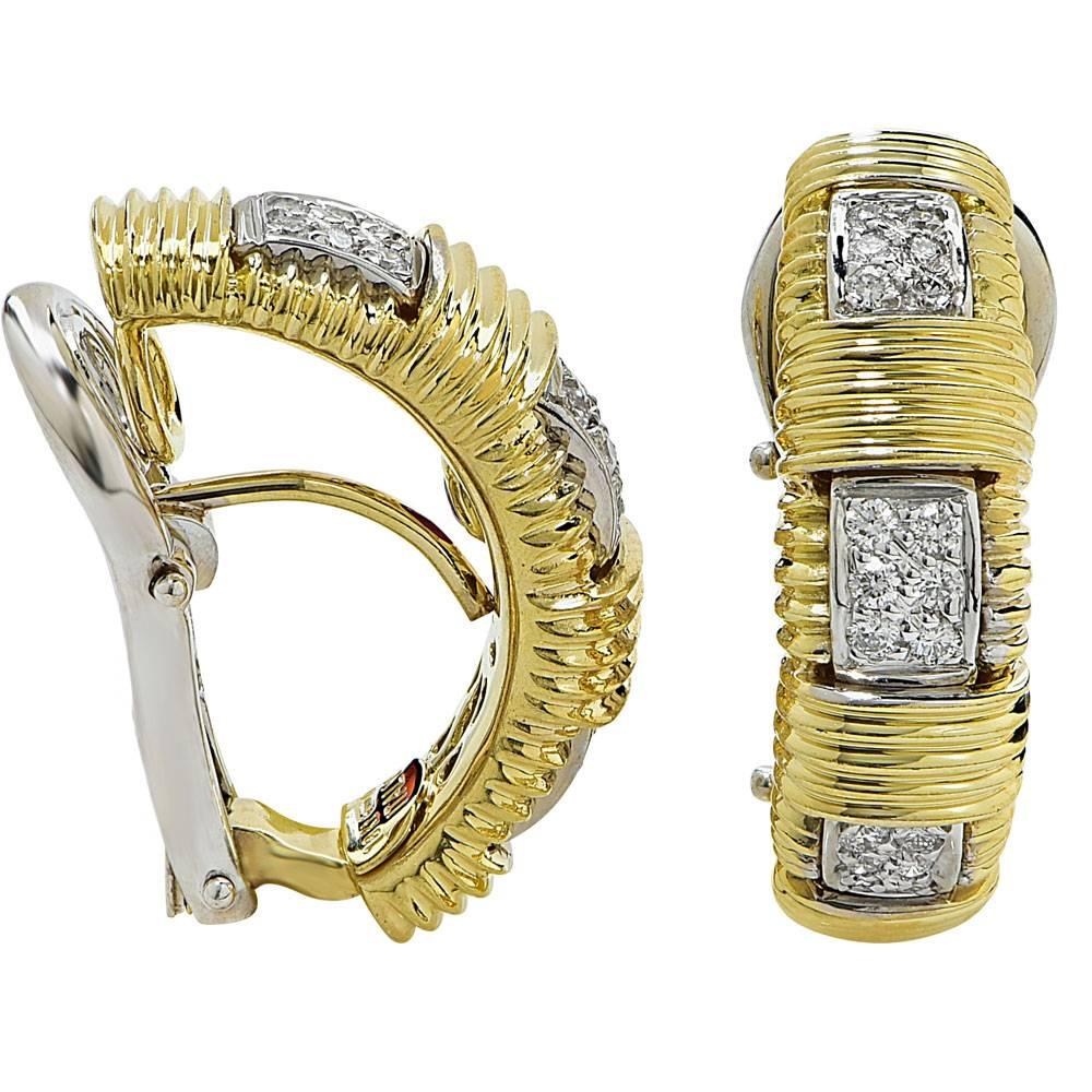 These stylish diamond and yellow gold woven earrings by Roberto Coin are part of the Appassionata Collection. The earrings feature a single row of diamonds (approximately .54 cttw) set in textured 18 karat yellow gold. The back posts are retractable
