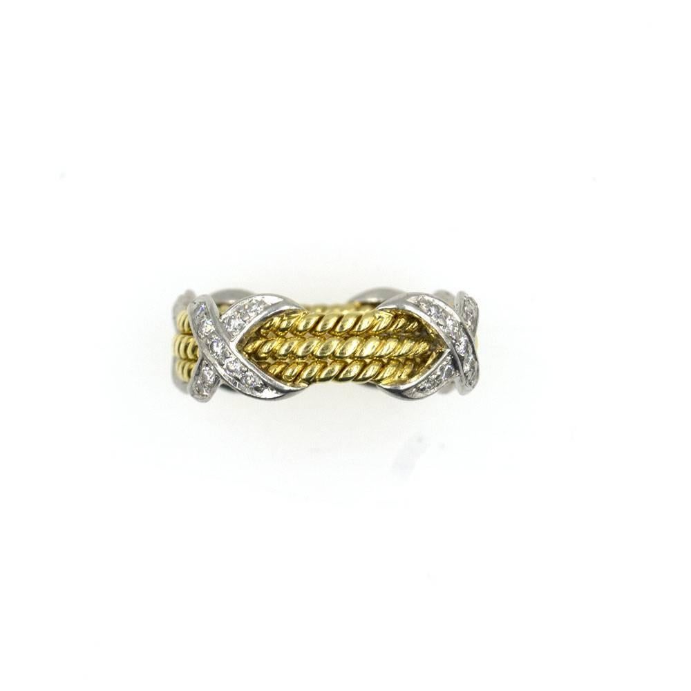 Modern Tiffany & Company Schlumberger Diamond 'X' Three Row 18 Karat Yellow Gold Ring